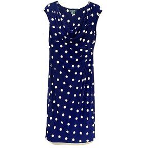 Ralph Lauren Ruched Cowl Neck Stretch Polka Dot Lined Jersey Dress 10 Blue Knee